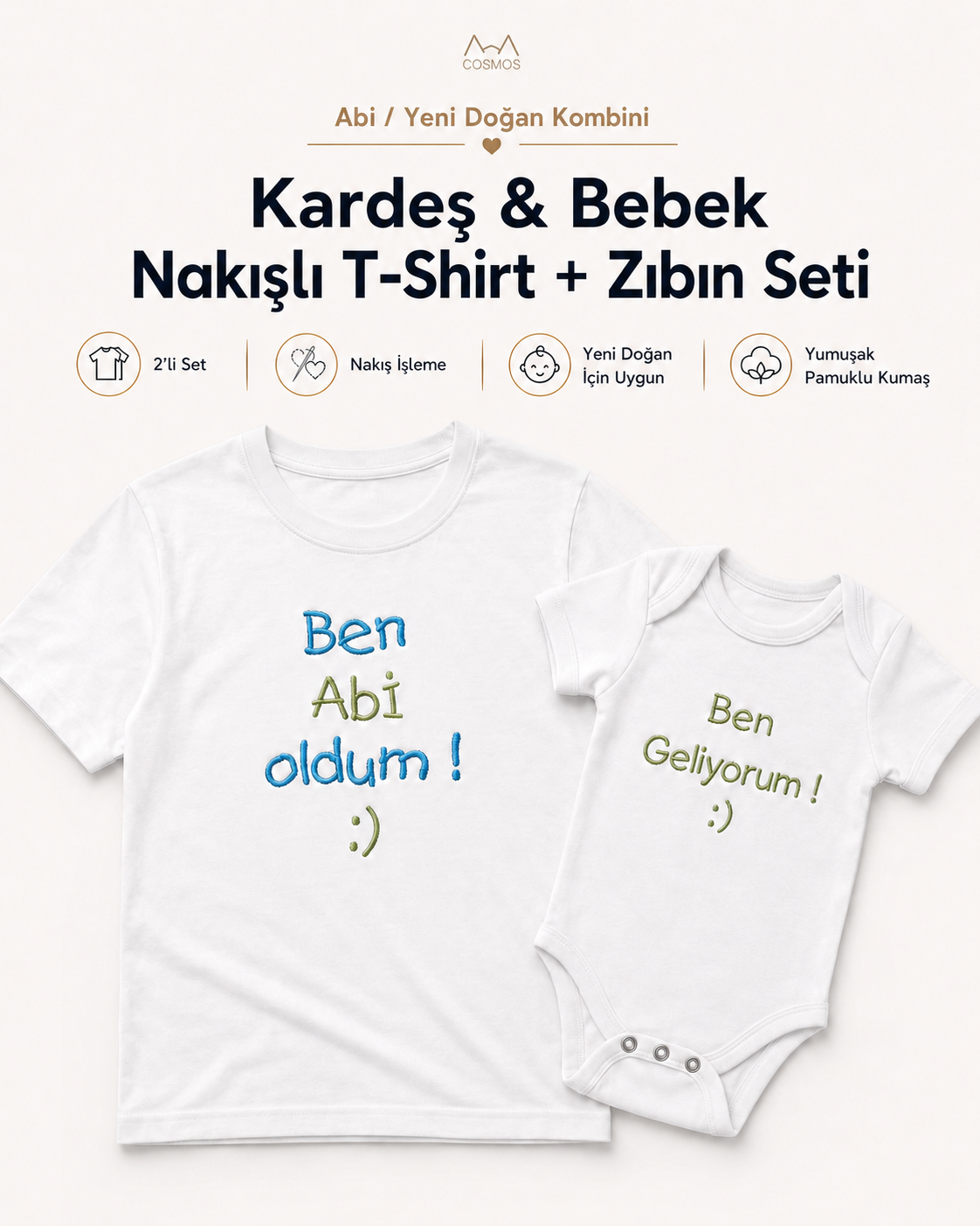 Kardeş ve Bebek Nakışlı Kombin – 2’li Set