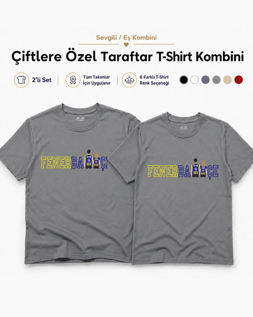 2'li Set Çiftlere Özel Taraftar Nakışı Tasarım + Takım İsmi