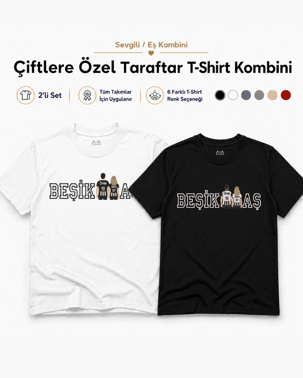 2'li Set Çiftlere Özel Taraftar Nakışı Tasarım + Takım İsmi