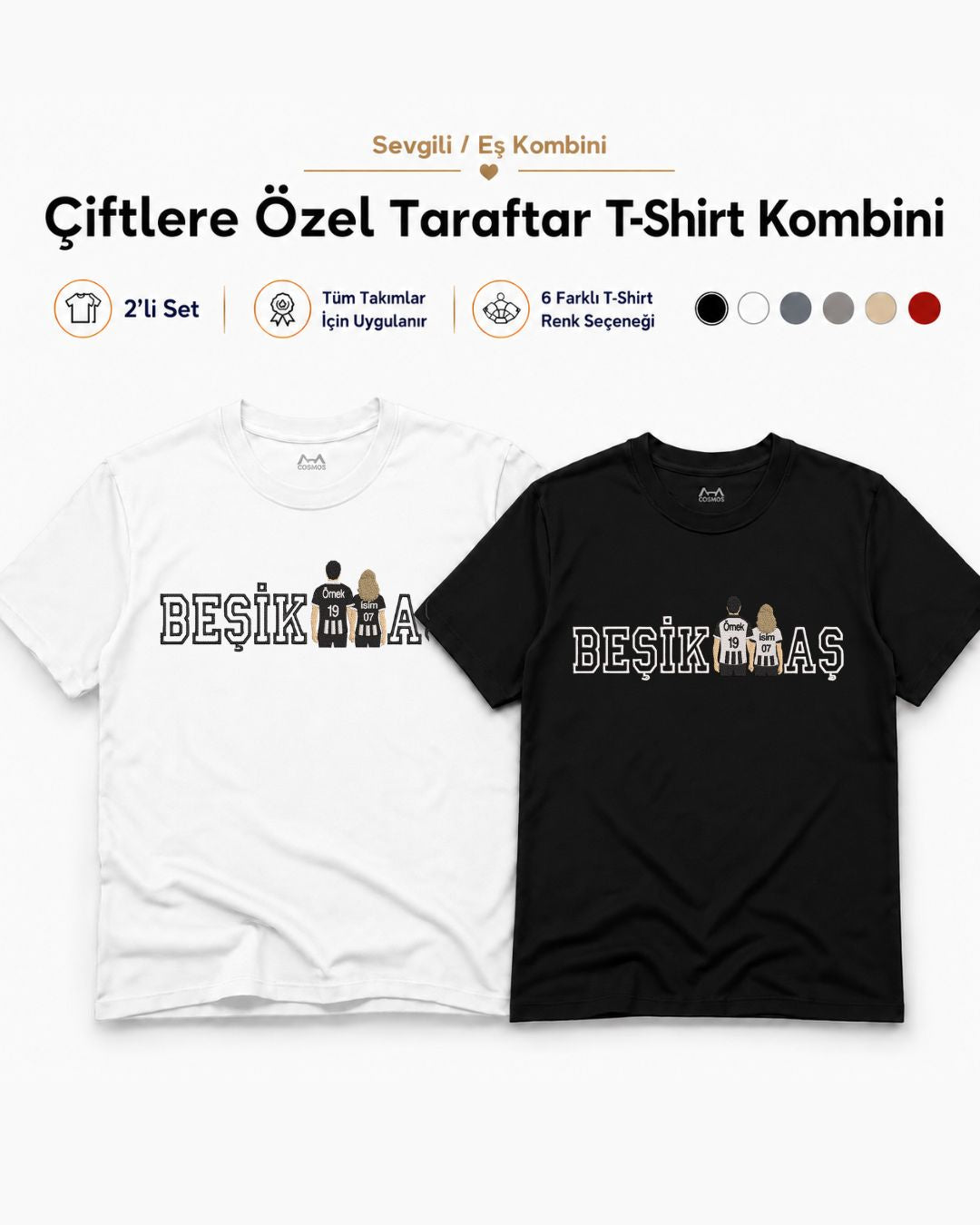 2'li Set Çiftlere Özel Taraftar Nakışı Tasarım + Takım İsmi