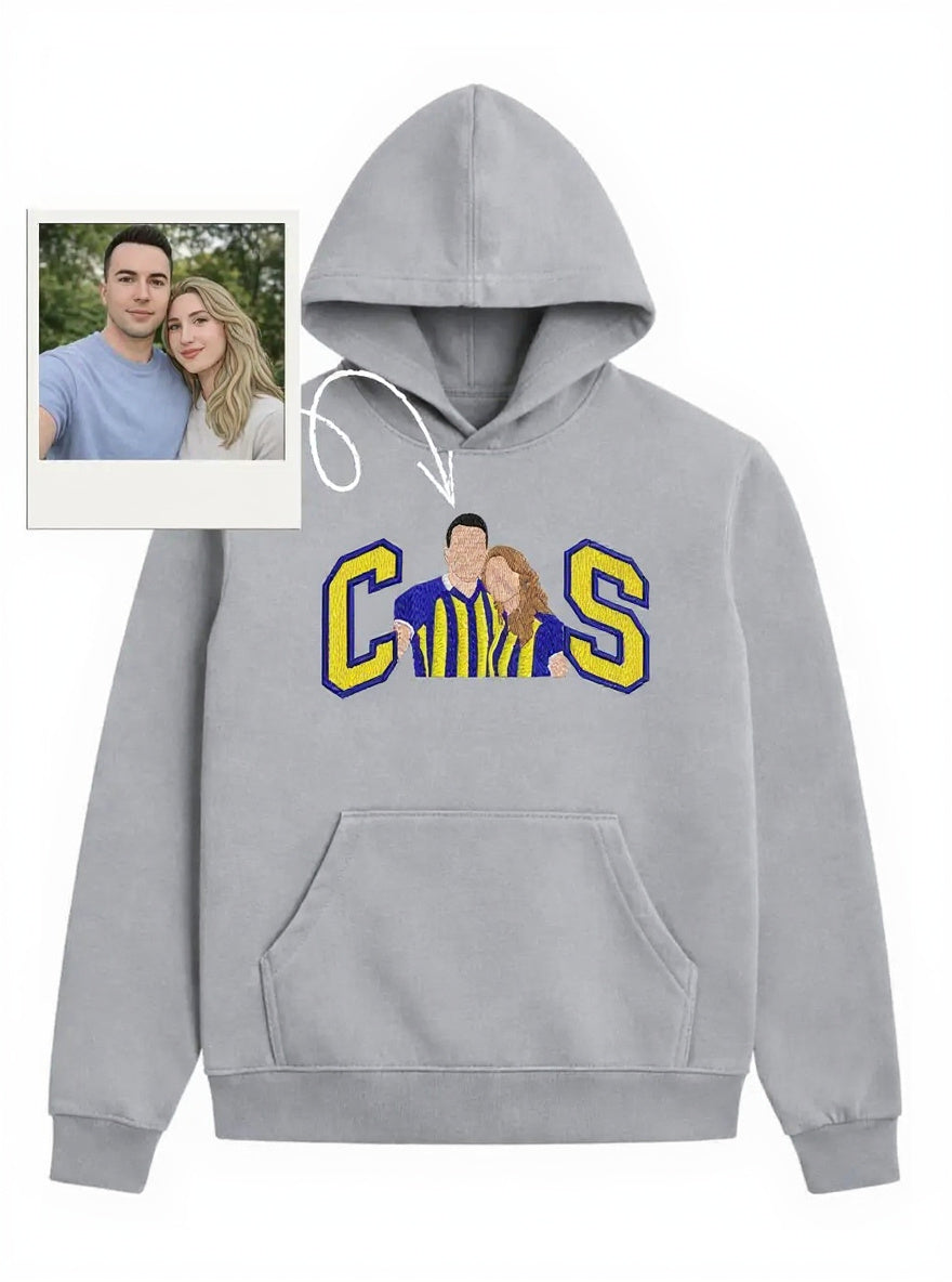 Gri hoodie - CS harfli çift portresi nakış tasarımı