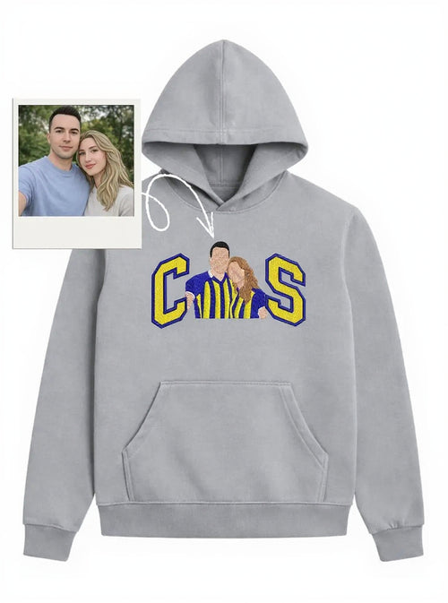 Gri hoodie - CS harfli çift portresi nakış tasarımı