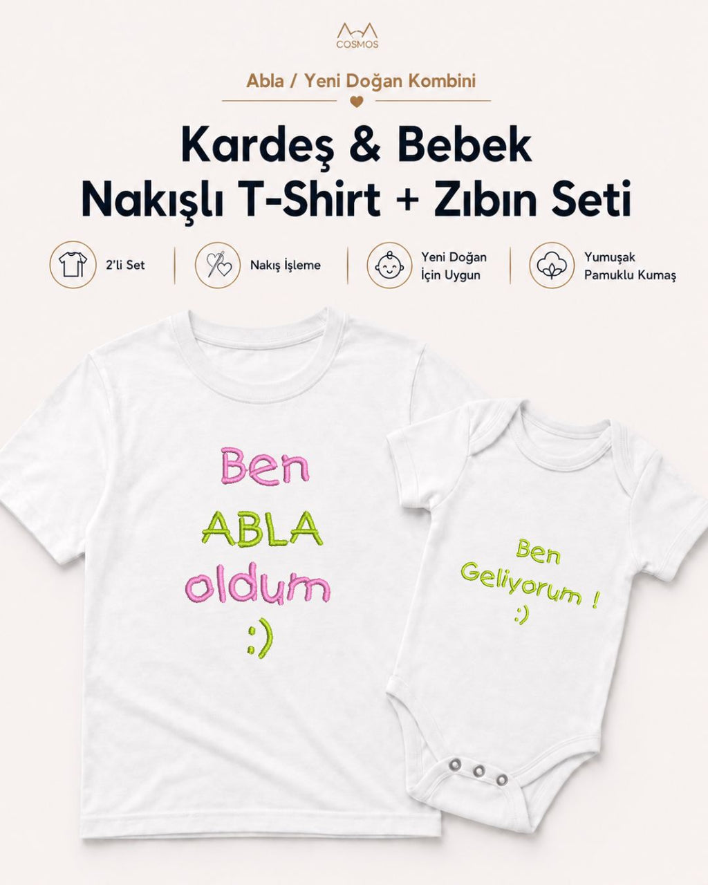 Abla ve Bebek Nakışlı Kombin – 2’li Set
