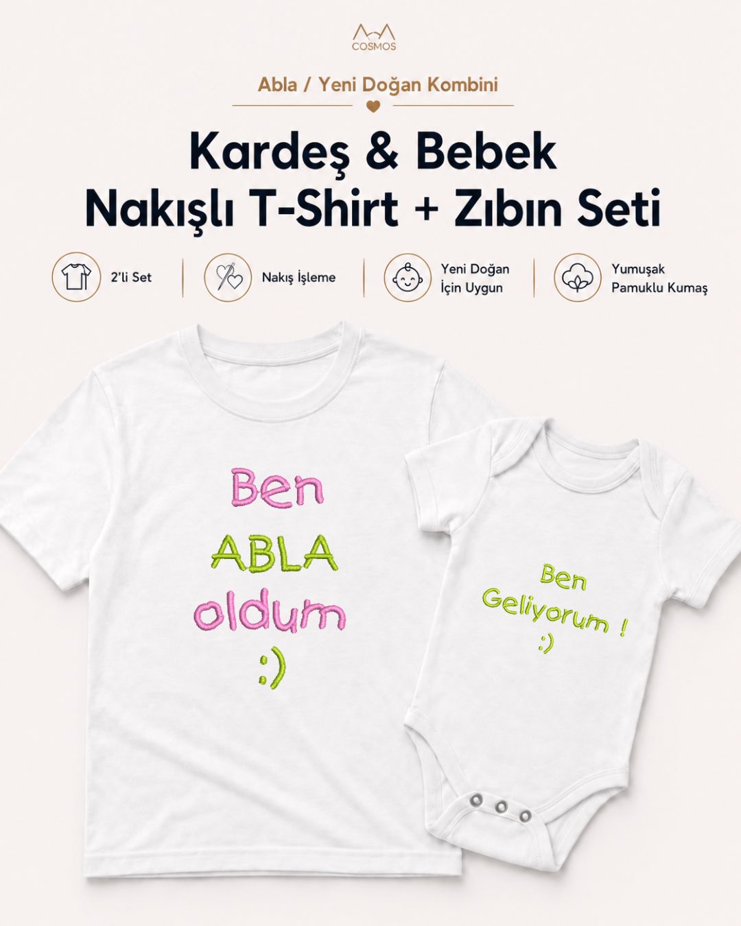 Abla ve Bebek Nakışlı Kombin – 2’li Set