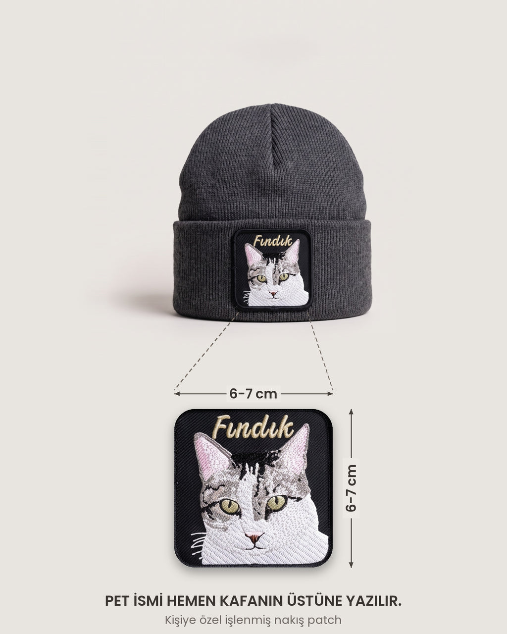 Bere nakış yaması ölçüsü 6-7 cm ve pet ismi yerleşimi