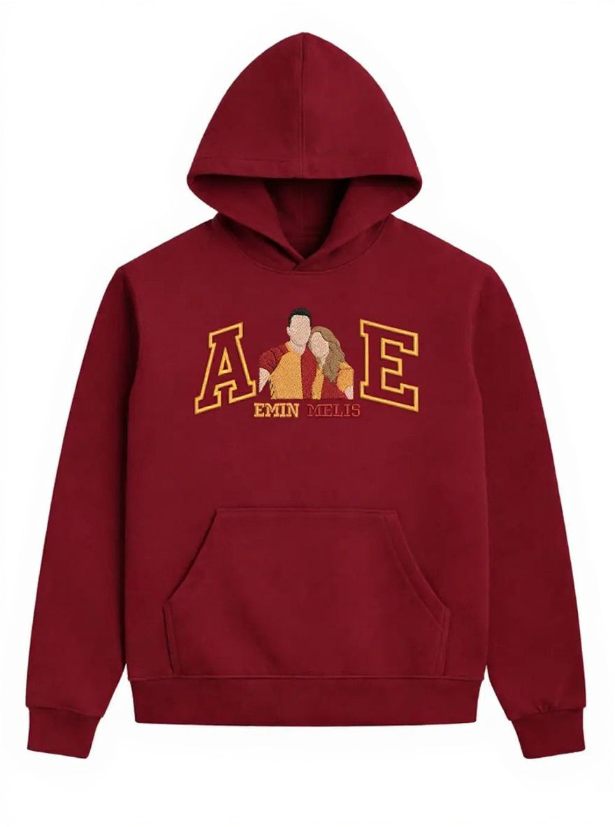 Bordo hoodie - AE harfli çift portresi nakış tasarımı